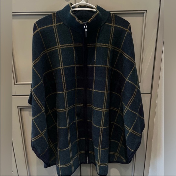 Nicole Miller poncho plaid Ralph Lauren style tartan plaid green navy gold - Picture 3 of 5
